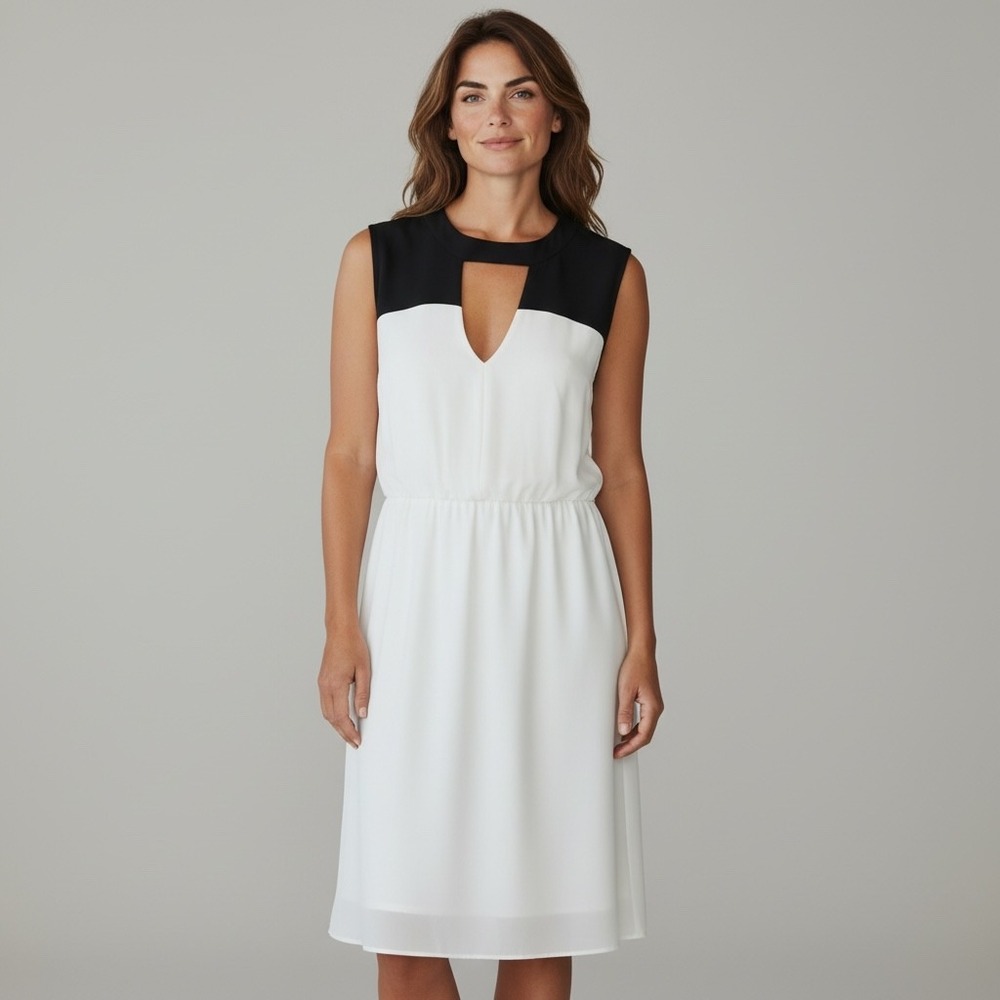BCBG Maxazria Womens Colorblock Sleeveless Dress 6‎ Black White Keyhole Neck